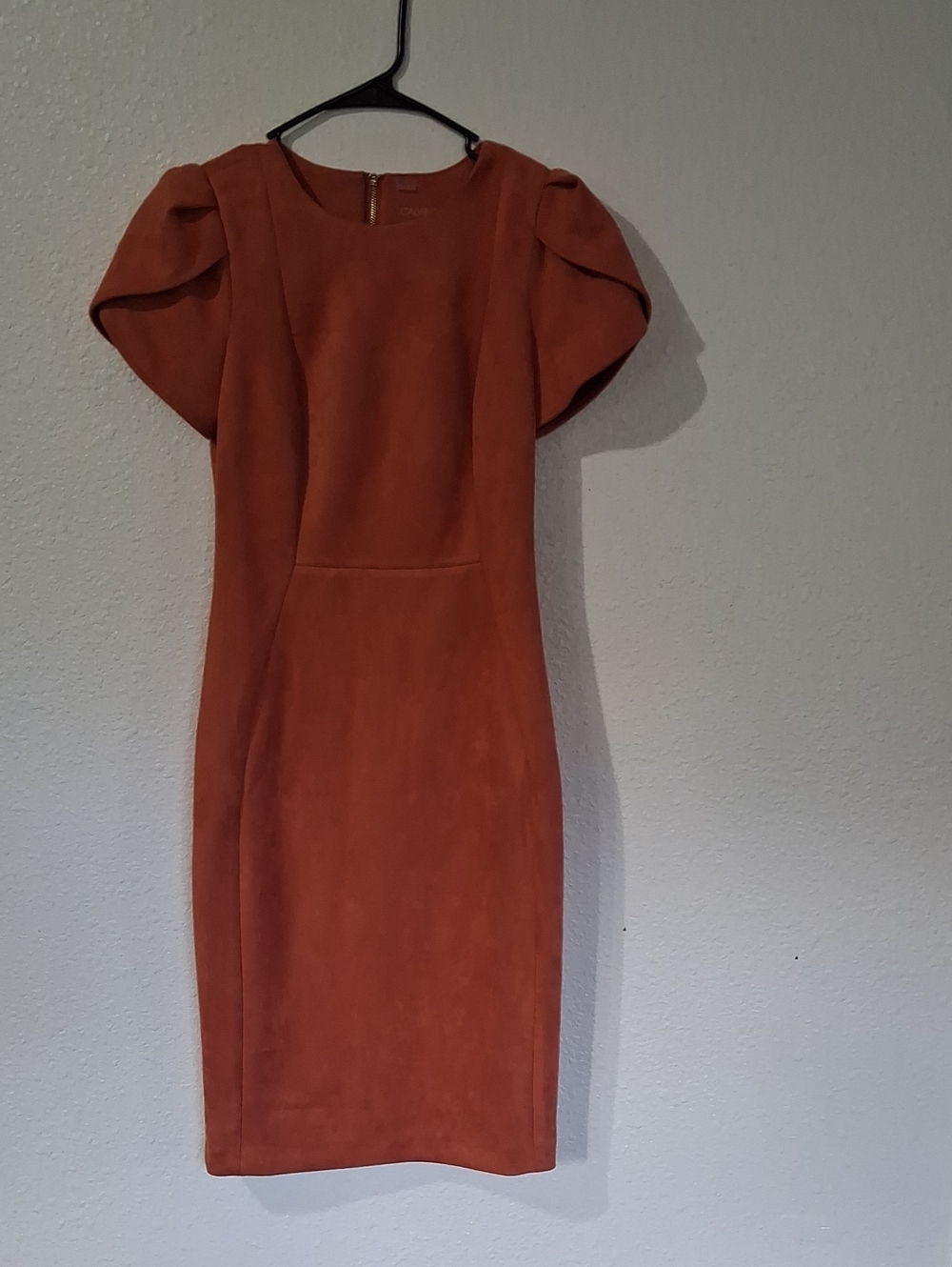 Calvin Klein Rust-Orange Puff-Sleeve Sheath Midi Dress